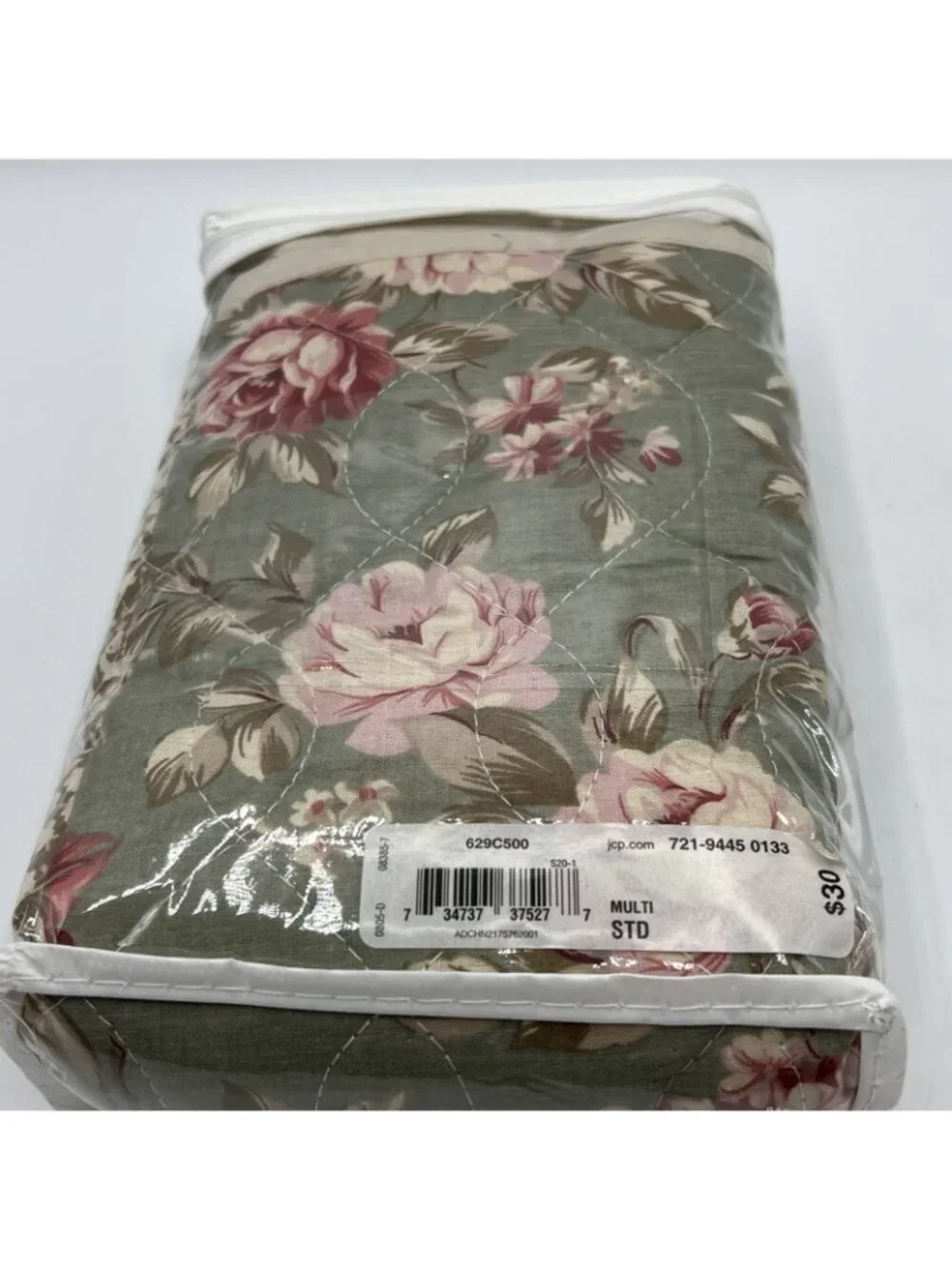 JCPenney Pillow Sham Sweet Floral Green Pink Cottage Standard Quilted